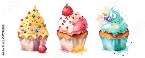 cupcake set with cream. watercolor illustration ice cream