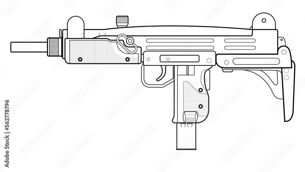 Vector illustration of the UZI israel machine gun with folded stock on the white background. Left side. - obrazy, fototapety, plakaty 