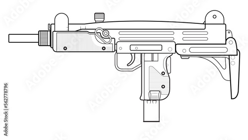 Vector illustration of the UZI israel machine gun with folded stock on the white background. Left side.