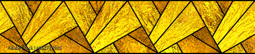 Gold stained glass window. Geometric stained-glass background. Art Deco abstract golden decor for interior. Modern 3d pattern with optical illusions. Luxury modern interior. Transparency.