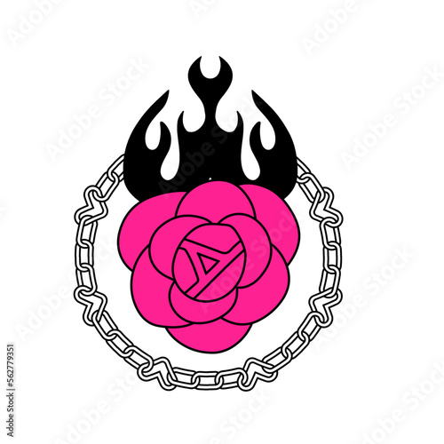 Flaming rose tattoo in y2k, 1990s, 2000s style. Emo goth element design with heart chain link. Old school tattoo. Vector simple flat illustration