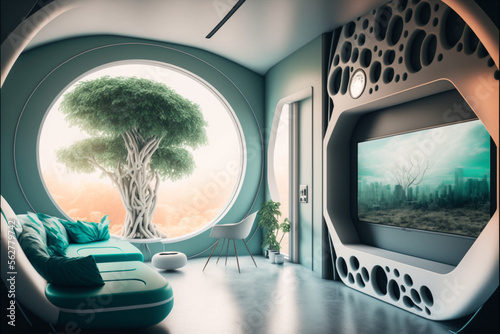 Generative AI luxurious interior design of open space living room.