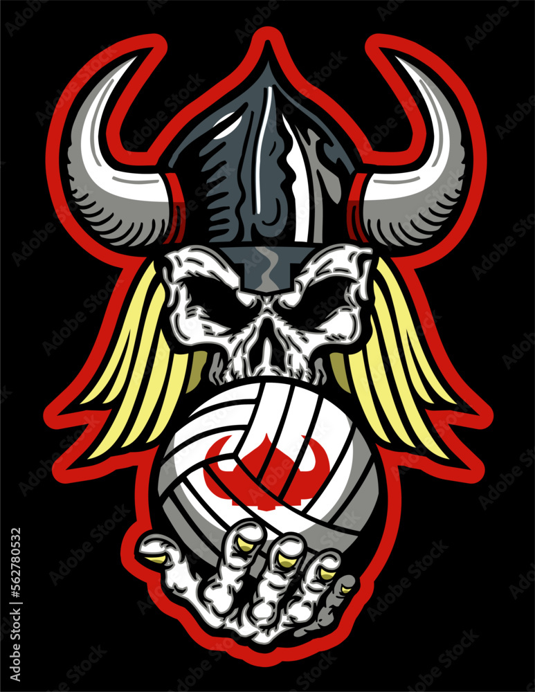 viking skull mascot holding volleyball for school, college or league sports