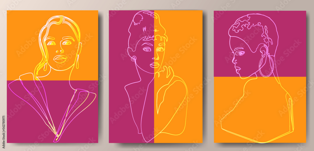  a set of backgrounds with female faces and abstract figures