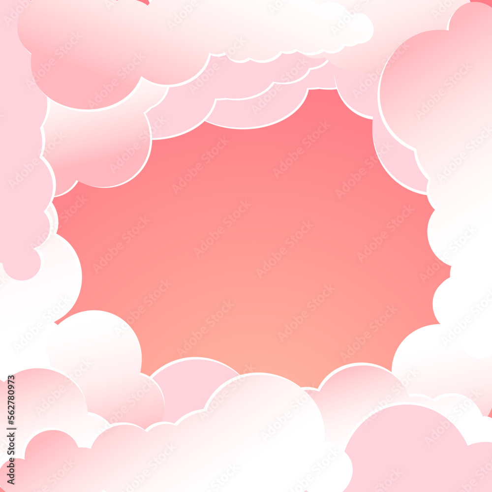 Frame from fluffy, soft vector, cartoon dawn, pink sunset clouds, postcard design element. wallpapers, backgrounds.