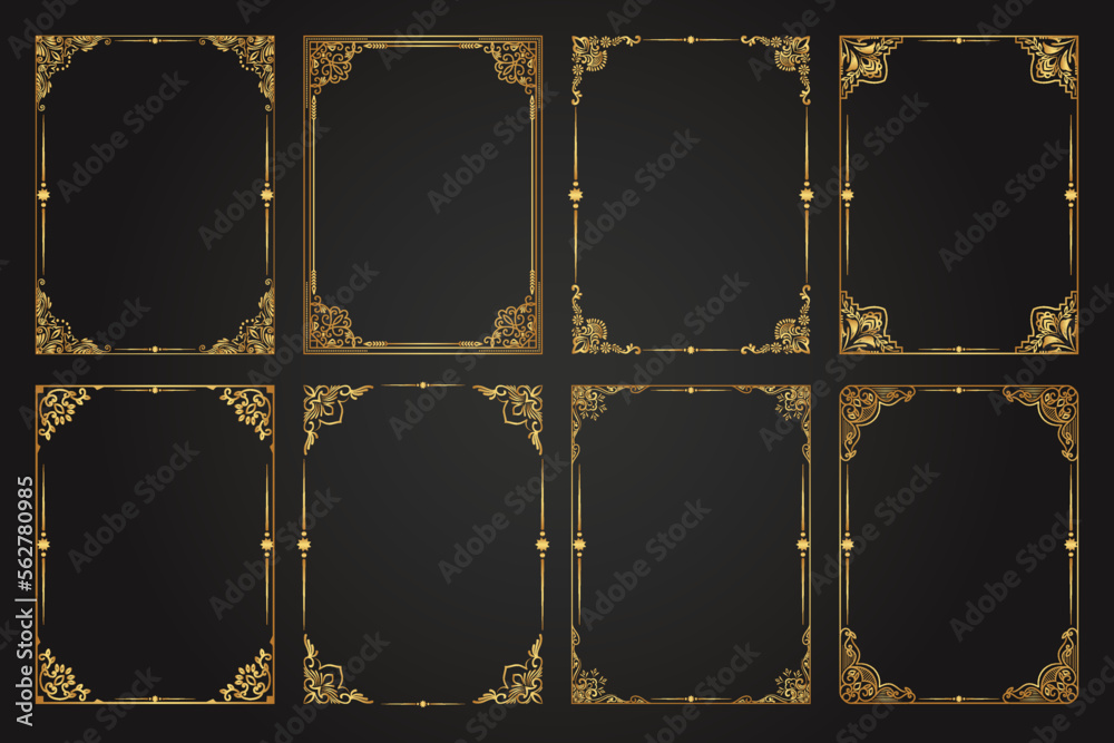 Decorative gold frames. Retro ornamental frame, vintage rectangle ornaments and ornate border. Decorative wedding frames, antique museum image borders. Isolated vector icons set