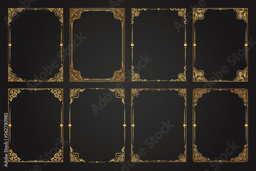 Decorative gold frames. Retro ornamental frame, vintage rectangle ornaments and ornate border. Decorative wedding frames, antique museum image borders. Isolated vector icons set