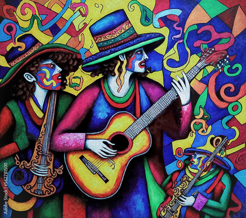 Mexican Folklore Guitarists playing traditional music in vibrant colors - Digital Painting. generative ai