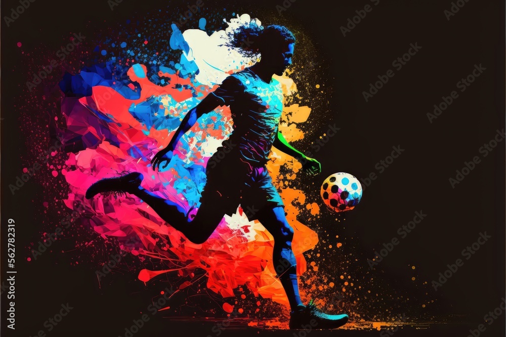 Generative AI 👁️soccer ball, soccer field🏎️🎛️💛💚💙🇺🇲3️⃣ colorful silhouette with player in black contrast
