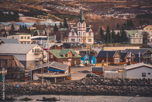 Vista panoramica su Husavik, un piccolo paesino situato nel nord dell'Islanda.