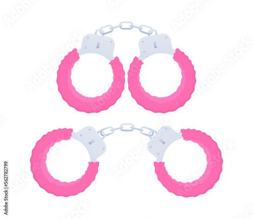 Fur pink handcuffs. Sex shop. Sexual toy for adults. Vector stock illustration.