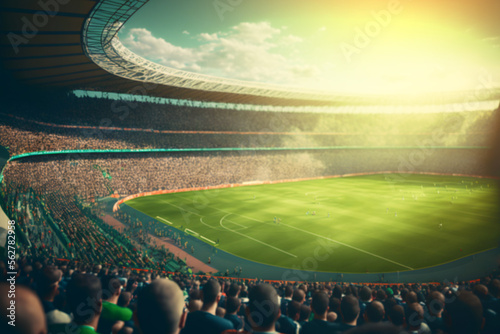 Aerial Shot of a stadium from inside with Soccer Match,crowds of Fans Cheer. generative ai, Football Tournament,indoor stadium during match. cinematic football background