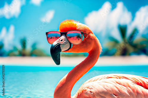 flamingo in glasses on the beach in summer