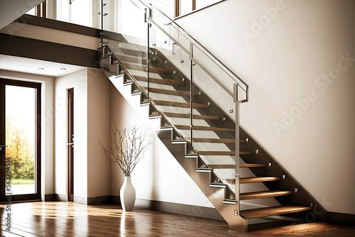 Slika na platnu Conceptual metal modern stairwell with glass railings