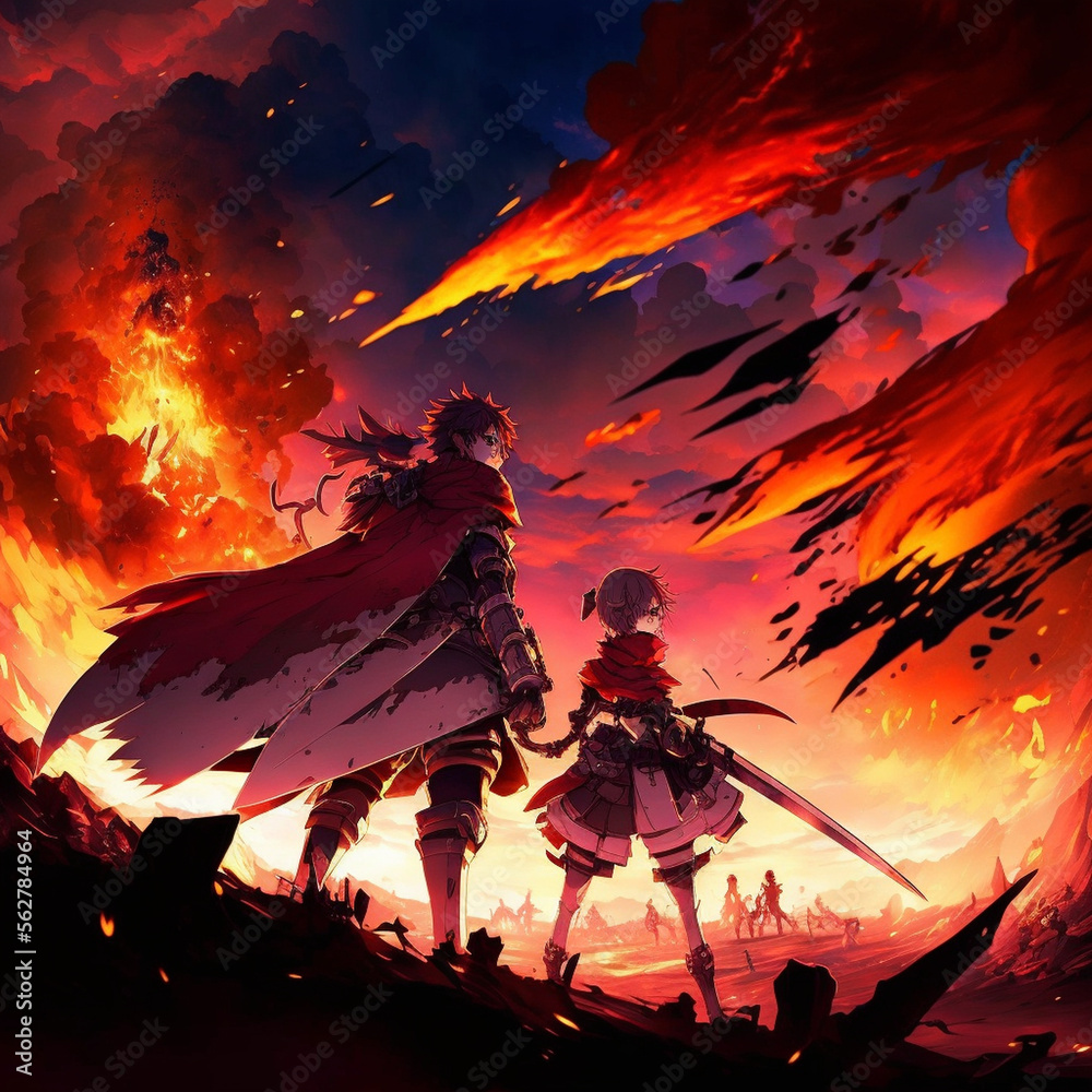 Epic anime battle moment generative ai Stock Illustration | Adobe Stock