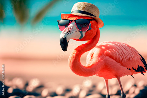 flamingo in sunglasses and hat on the beach sand in the summer sun