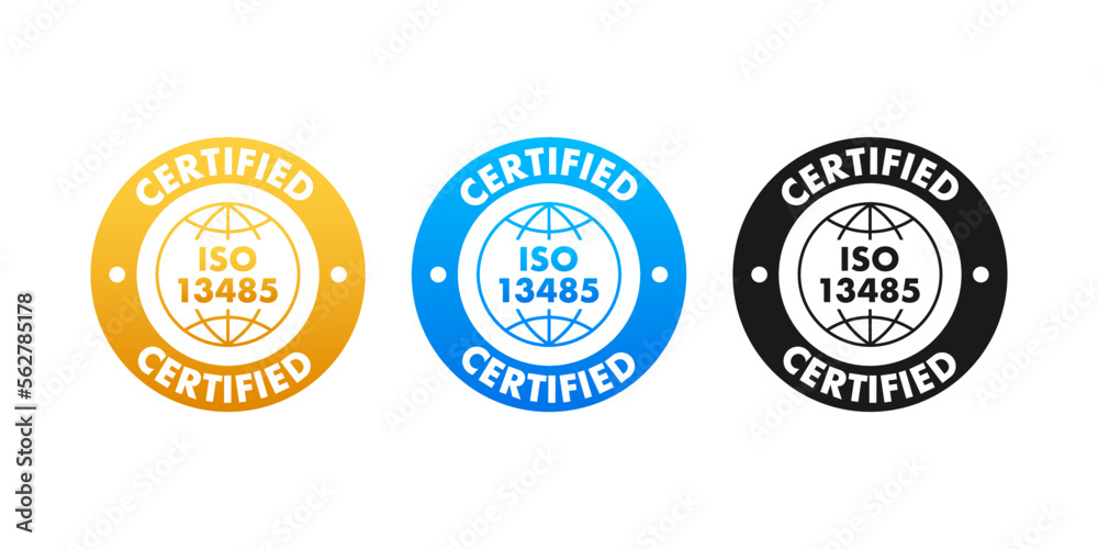 ISO 13485 Certified badge, icon. Certification stamp. Flat design vector illustration.