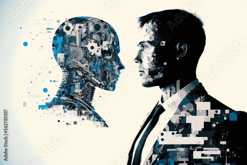 A black and white image of a business man looking at an AI head, generative ai