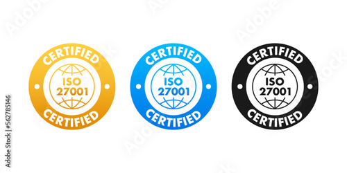 ISO 27001 Certified badge, icon. Certification stamp. Flat design vector illustration.