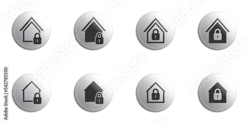 Lock house under protection icon set. Lockdown symbol. Safe home sign. Flat vector illustration.
