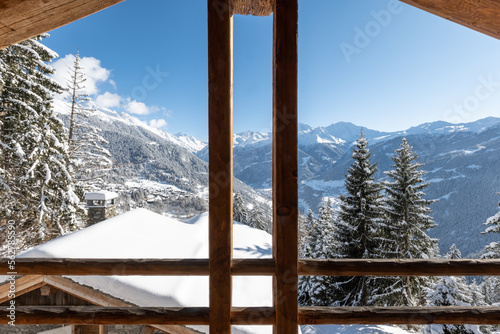 Snowy view from chalet balcony, Verbier, Switzerland