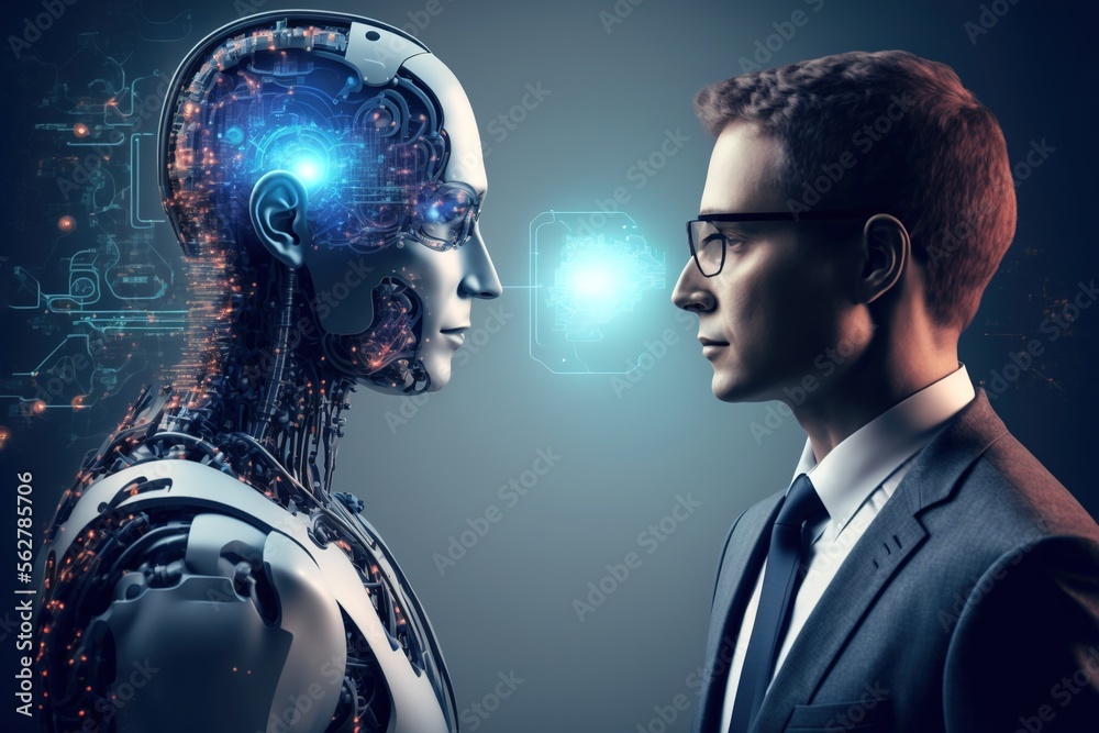 A business man standing in front of an AI robot, representing the future of work with the help of artificial intelligence, generative ai - obrazy, fototapety, plakaty 