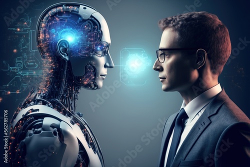 A business man standing in front of an AI robot, representing the future of work with the help of artificial intelligence, generative ai photo