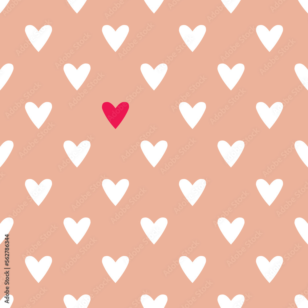 Tile cute vector pattern with white and red hearts on pastel pink background