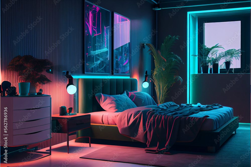 Modern bedroom interior with neon lights ambient in the evening. Smart ...