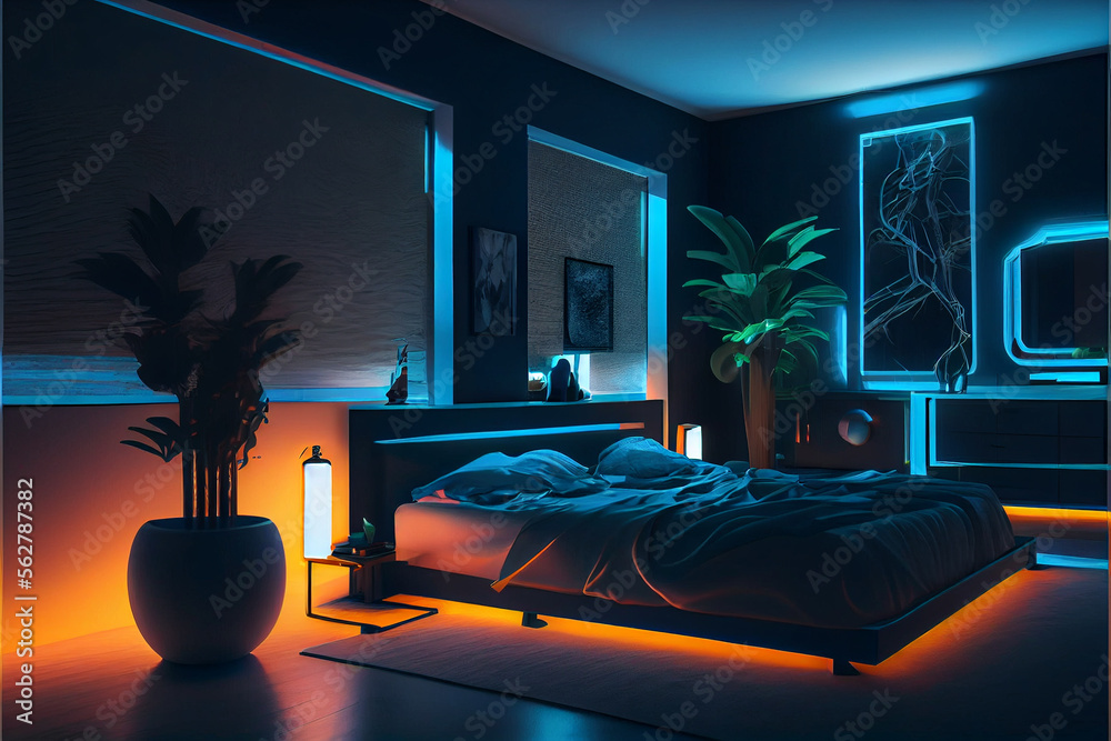 udsende død lilla Modern bedroom interior with neon lights glowing ambient in the evening.  Luxurious stylish apartment interior. Smart home concept with neon light  colours. Stock Illustration | Adobe Stock
