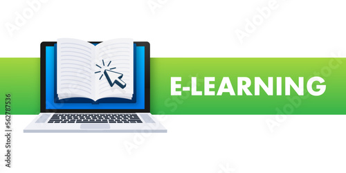 E-learning, Online education concept banner. Online training courses. Tutorials. Vector illustration