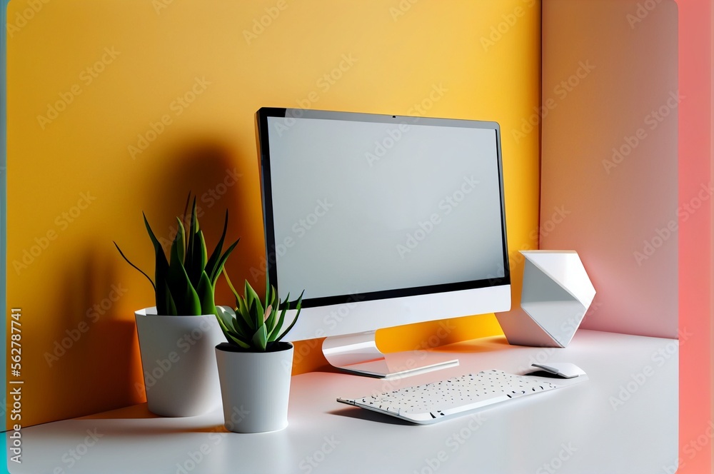 Fototapeta premium interior with computer abstract geometric shapes made with generative ai, 3d, illustration, plant