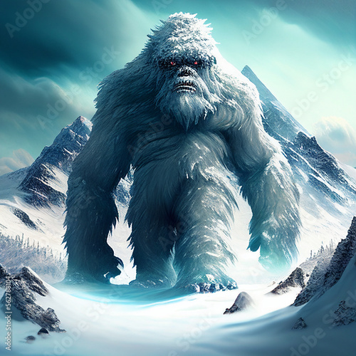 Canvas Print Yeti in the snow covered Himalaya mountains, mysterious furry creature walking i