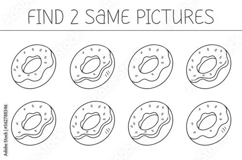 Find two some pictures is an educational game for kids with donut. Cute donut coloring book. Vector illustration.