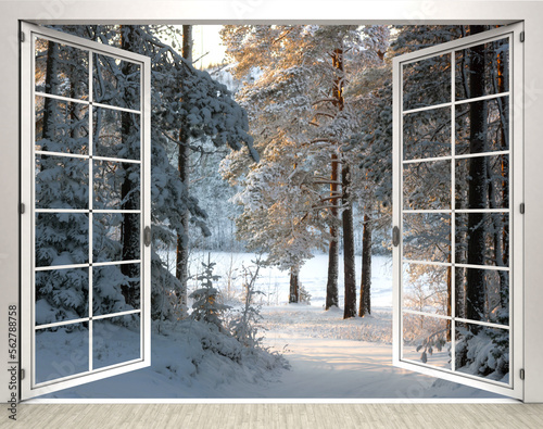 Photographie open window with a view of the winter forest