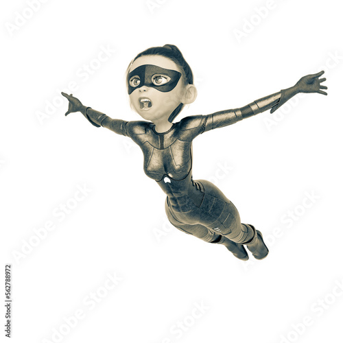 superheroine girl is jumping on the space in white background