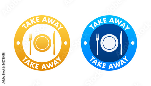 Take away sign, label. Take out food icon. Vector stock illustration