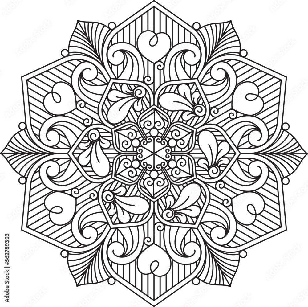 Circular pattern in form of mandala for decoration, tattoo, Henna, Mehndi. Decorative ornament in ethnic oriental style. Coloring book page. Black and white. Circular pattern in form of mandala for decoration, tattoo, Henna, Mehndi. Decorative ornament in ethnic oriental style. Coloring book page. Black and white.