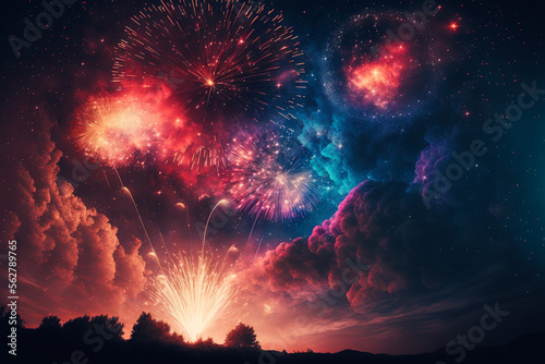 a bunch of fireworks lit up in the night sky made by generative ai