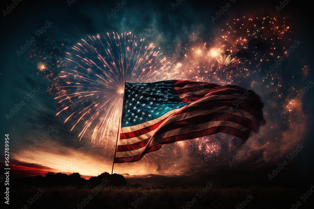 american flag waving with fireworks in the background made by ...