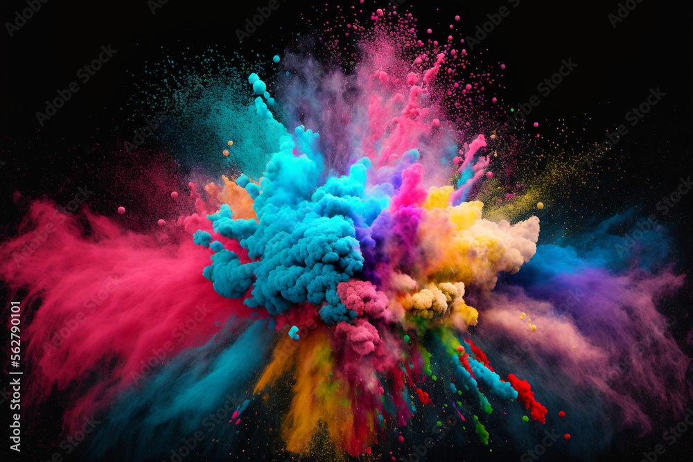 rainbow powder cloud explosion with black backdrop made by generative ai