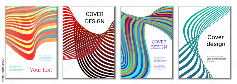 A set of 4 abstract covers. Wavy parallel gradient lines, ribbons evolve. Cover design, background. Trendy banner, poster.
