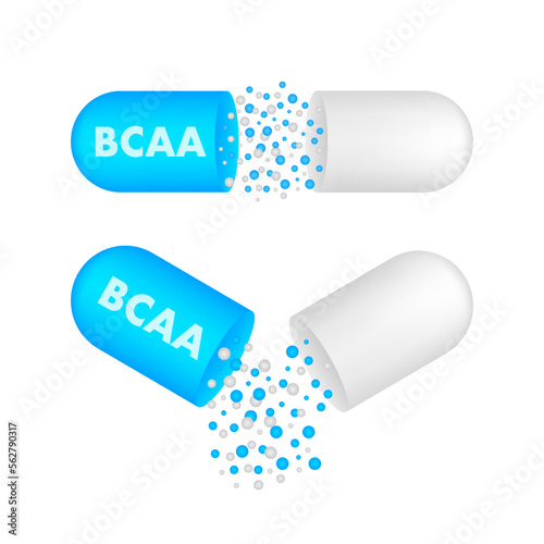BCAA - Branched chain amino acid capsule. Bcaa supplement. Sports nutrition. Vector stock illustration.