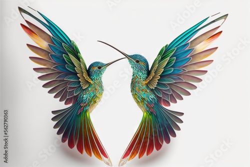 Fotografija two colorful birds with long beaks touching beaks together with their wings spread wide open, with one bird with its beak open and another bird with its beak open, with its wings