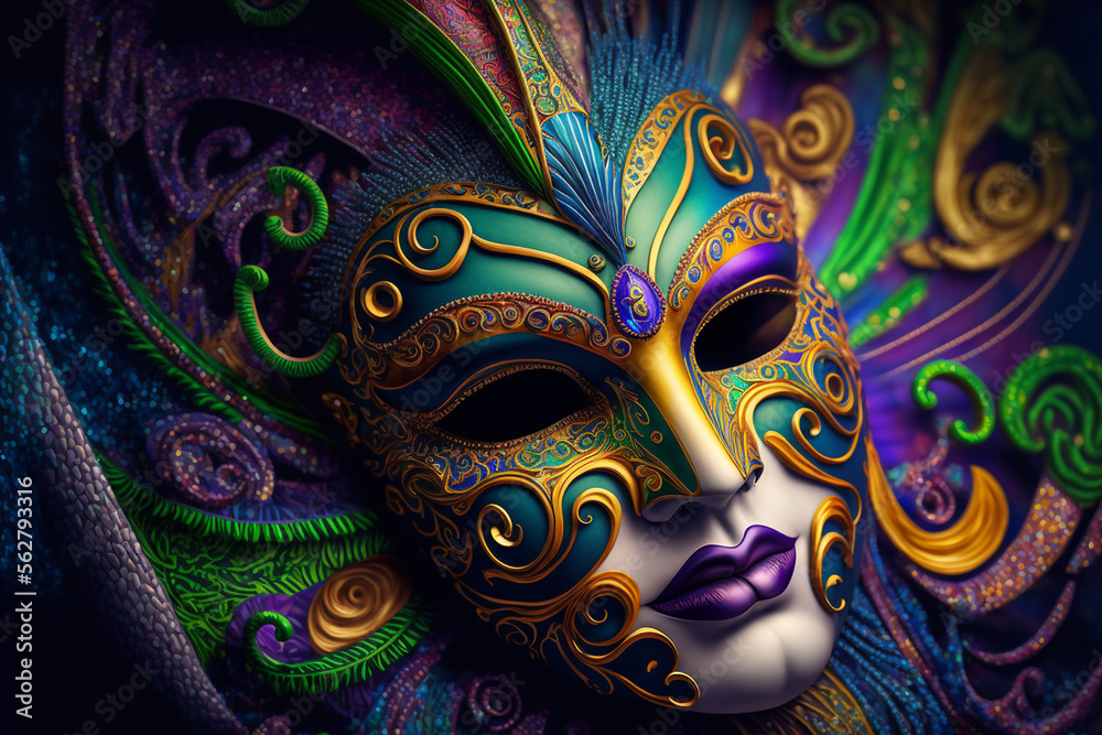 Naklejka premium Mardi gras Venetian carnival mask on a dark background. Generative Ai