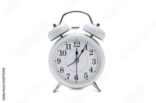 White alarm clock on a white isolated background