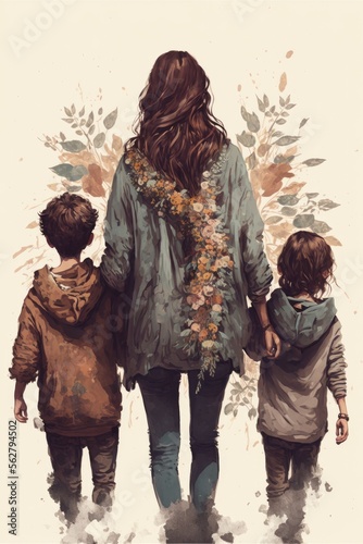 mom with two sons from behind no faces, muted boho colors, AI assisted finalized in Photoshop by me 
