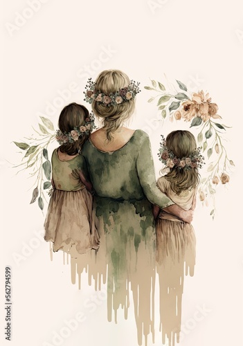 mom with two girls from behind no faces, muted boho colors, AI assisted finalized in Photoshop by me 
