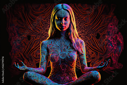 colorful neon woman statue in a yoga lotus position on a dark background, generative ai