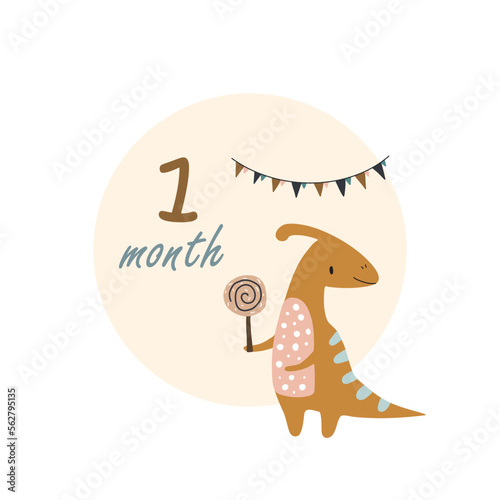 1 one month Baby month anniversary card metrics. Baby shower print with cute animal dino, flowers and palm capturing all special moments. Baby milestone card for newborn girl.